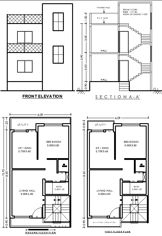 10.75mx6.09m Single Storey House Plan DWG AutoCAD Design