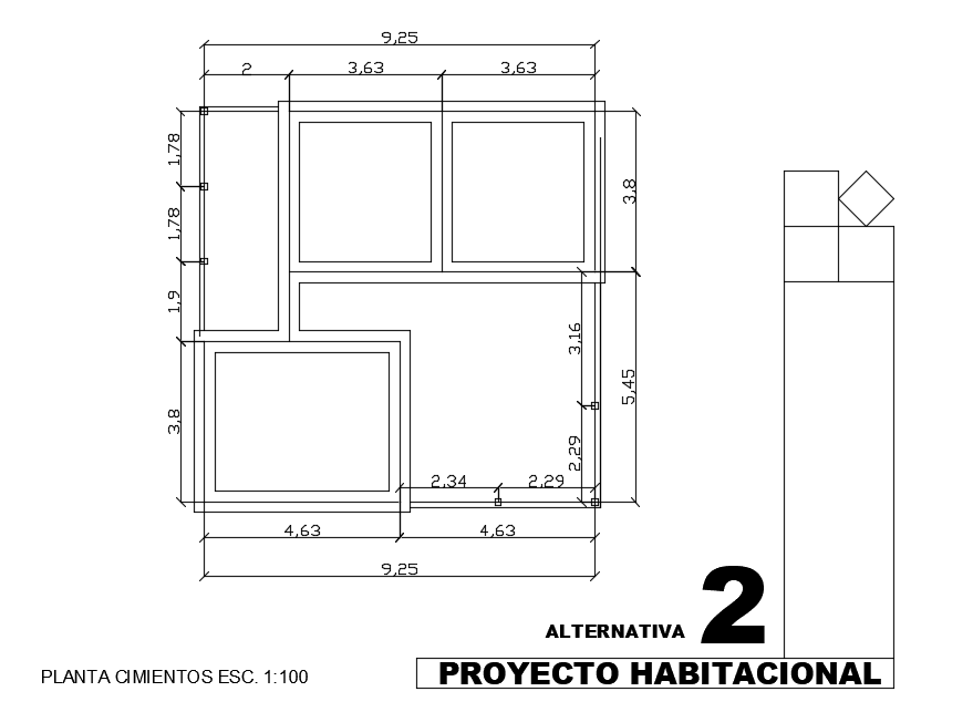 10x10 house plan foundation layout 2d drawing is given