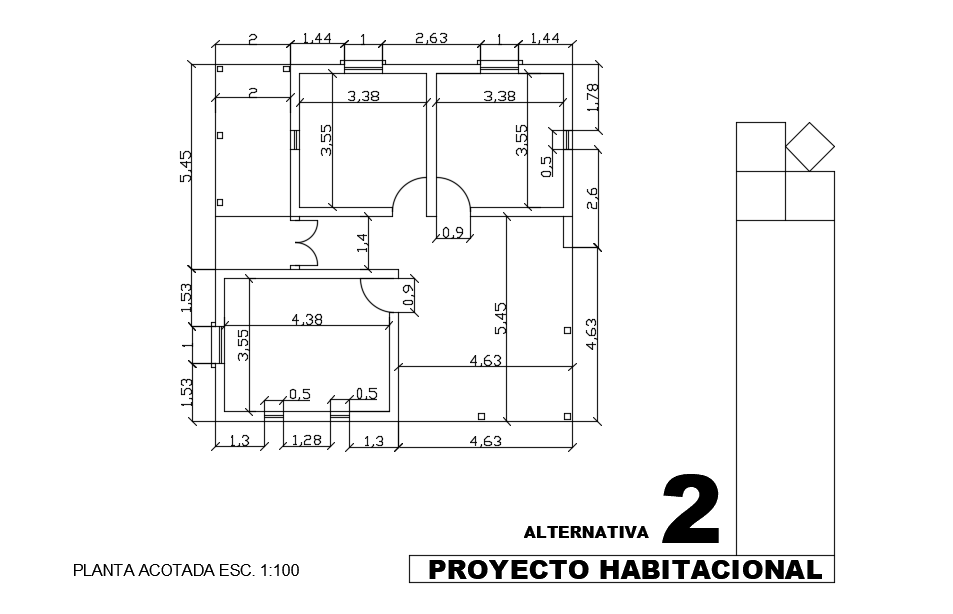 10x10m 3bhk house plan acotada layout AutoCAD model 