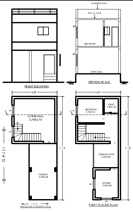 11.19mx4.87m 1BHK Single-Storey House Plan with Layout