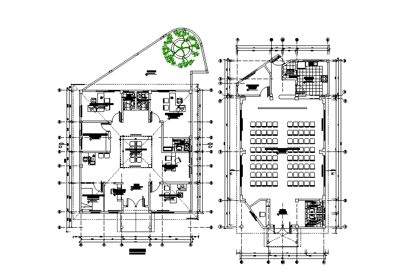11x14m office cum small auditorium plan is given in this Autocad drawing model.  Download now.