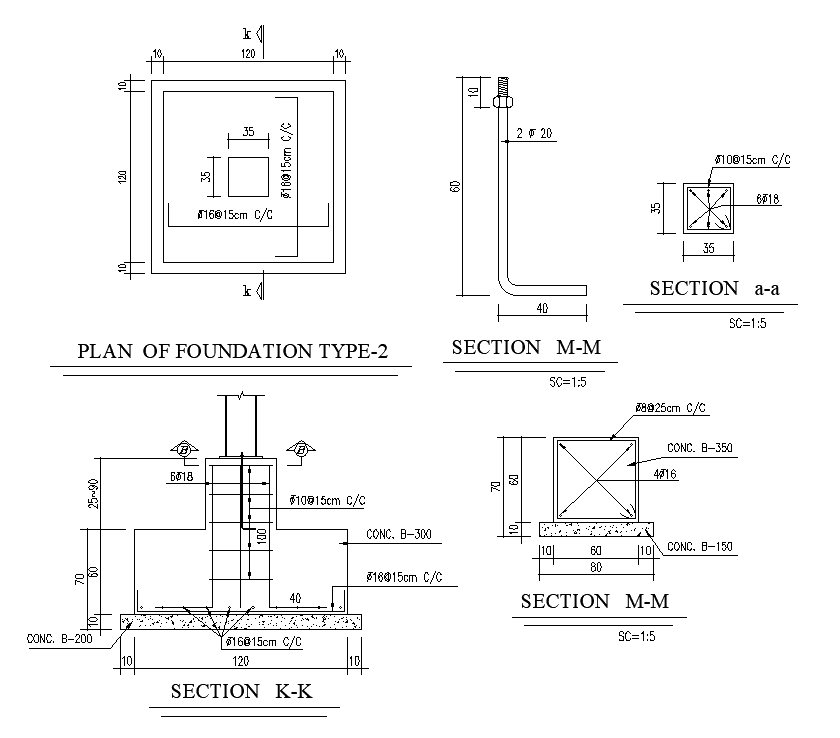120X120 mm Foundation Plan And Section CAD Drawing DWG File