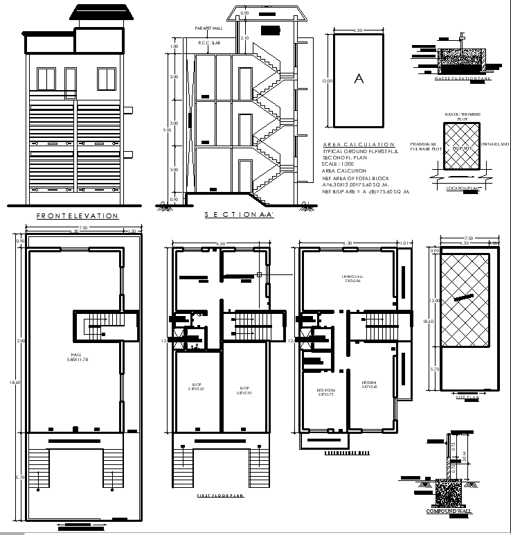 12x7.5m Residential Plan with Shop, Hall and Balcony Layout