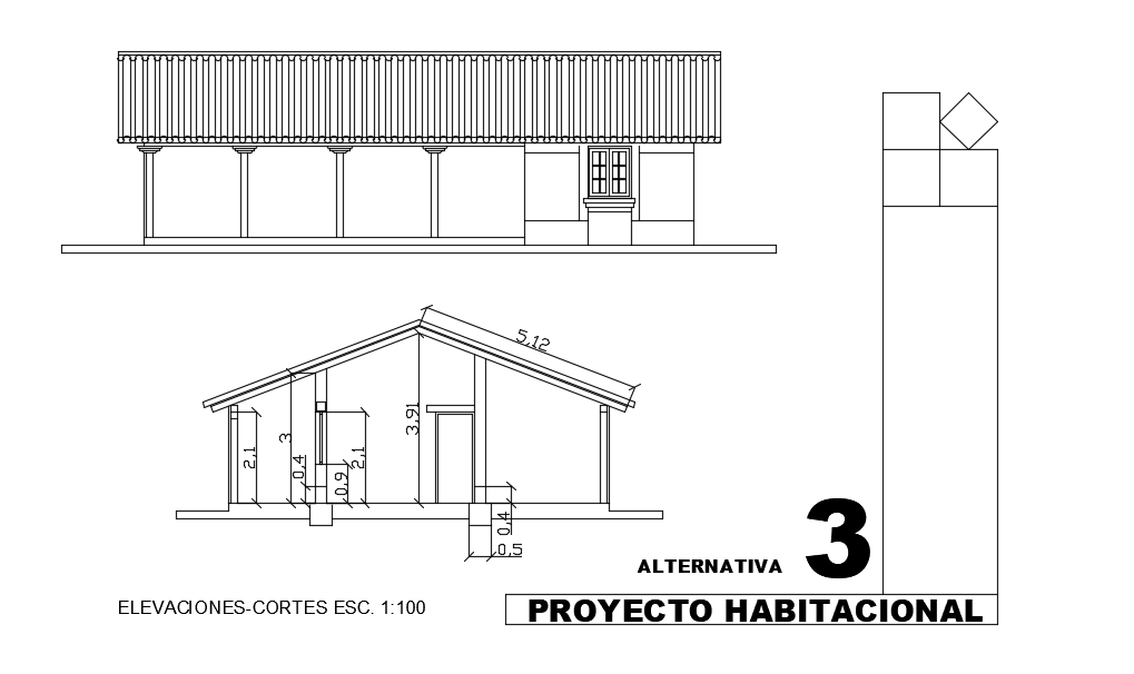 12x8m house building front elevation and section cad drawing