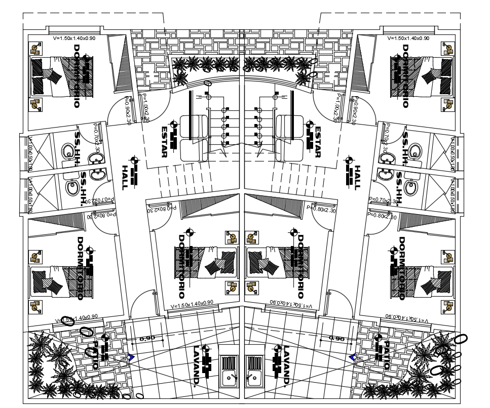 130 Square Meter Joint House With Furniture Layout Drawing DWG File