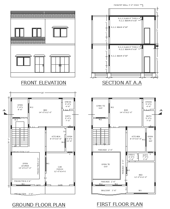 15.5X17 ft open to sky lounge design in double storey house detailed floor plan section and elevation DWG autoCAD drawing