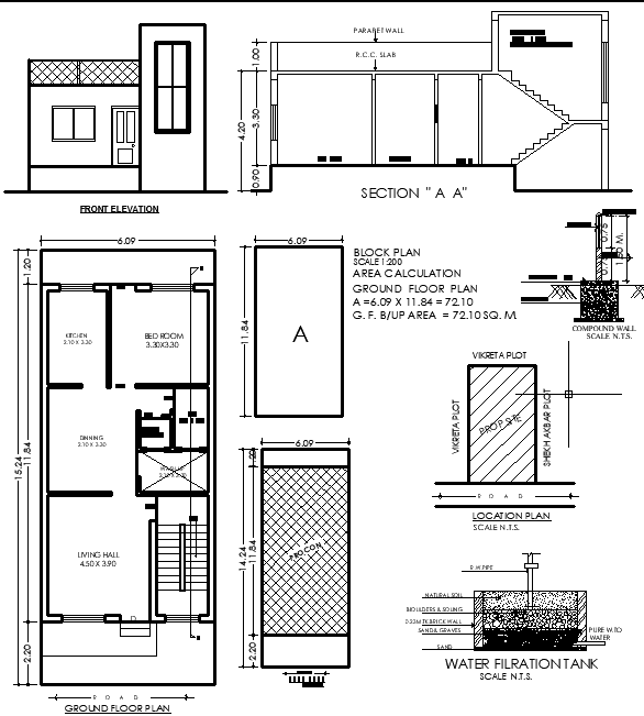 15mx6m 1BHK Bungalow Plan with Elevation & Section