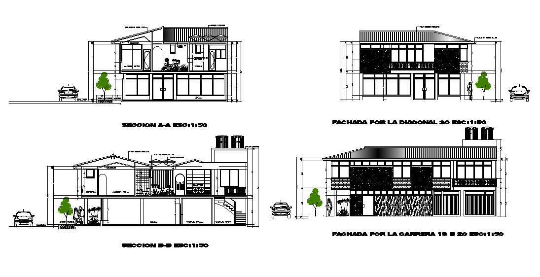 160 Square Meter Meter House Building Sectional Elevation Design Download DWG File