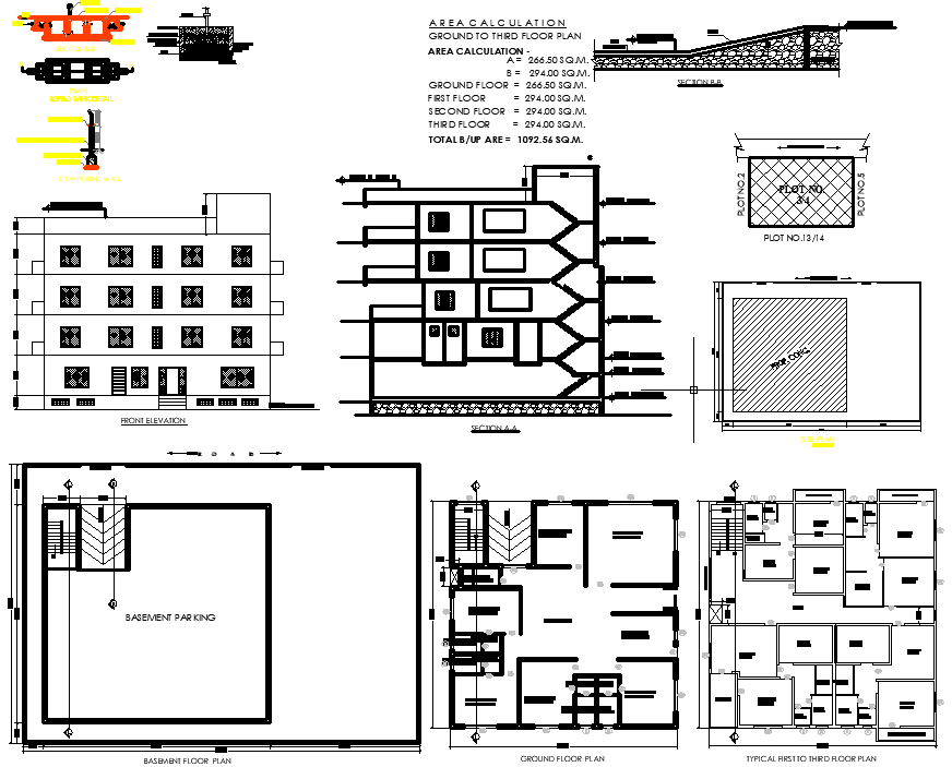 16.80x16.80m 1BHK Apartment cad Plan with basement Parking & elevation and section