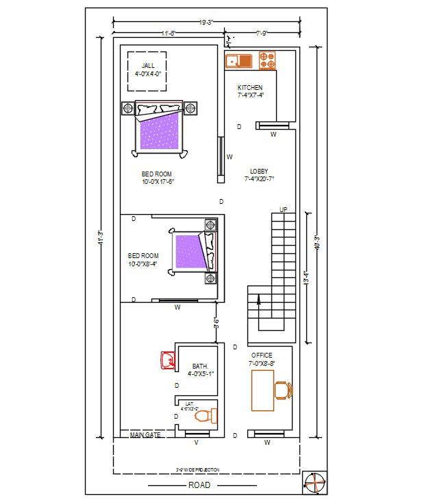 19 X 40 Feet house ground Floor Plan DWG file
