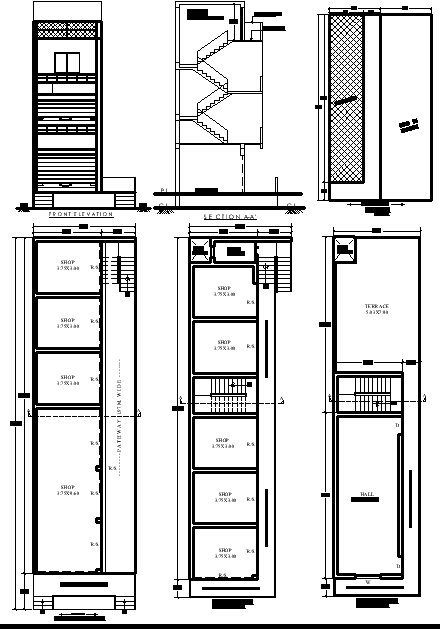 19.54m x 5.94m 2-Storey Commercial Building with 9 Shops and hall Plan in cad DWG