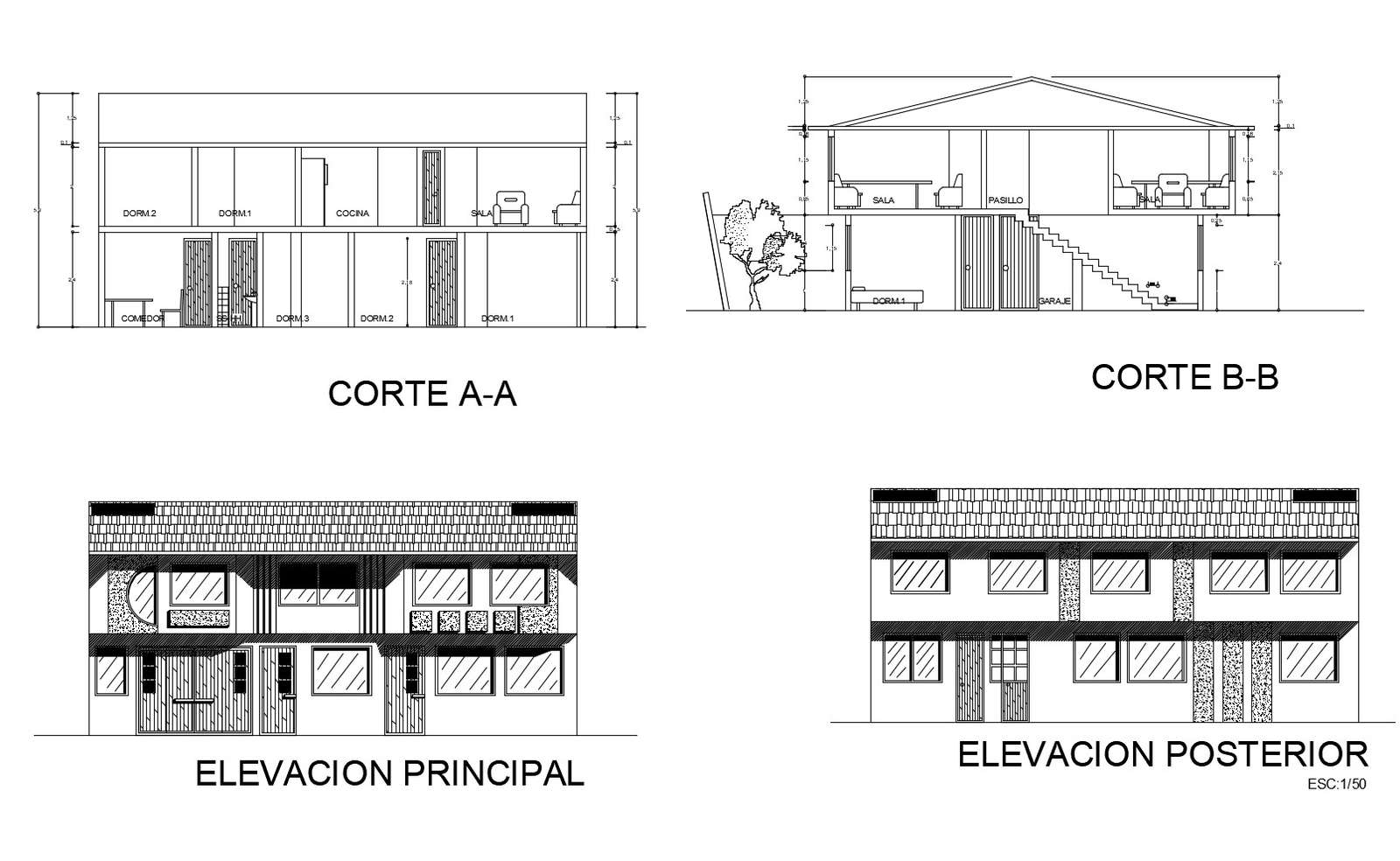 2 storey house design with elevation and section in AutoCAD
