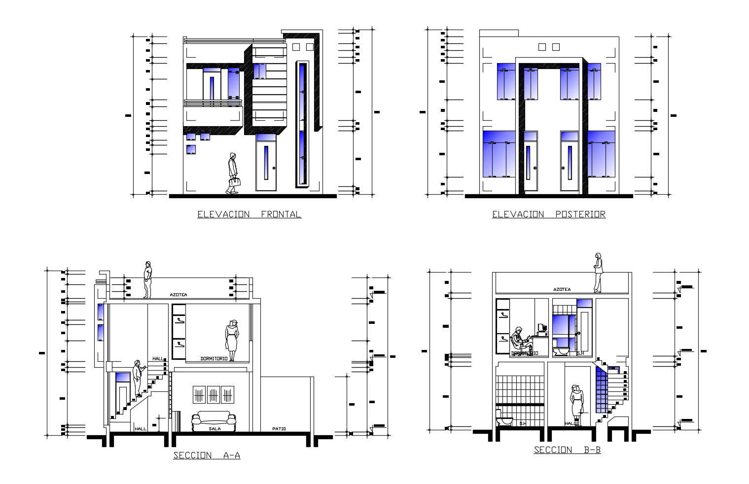 2 storey house design with elevation and section in dwg file