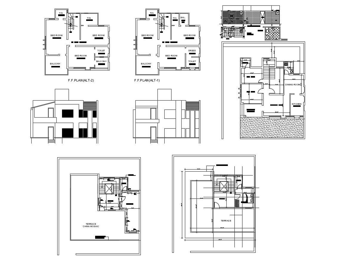 2 storey house drawing with elevation and section in autocad