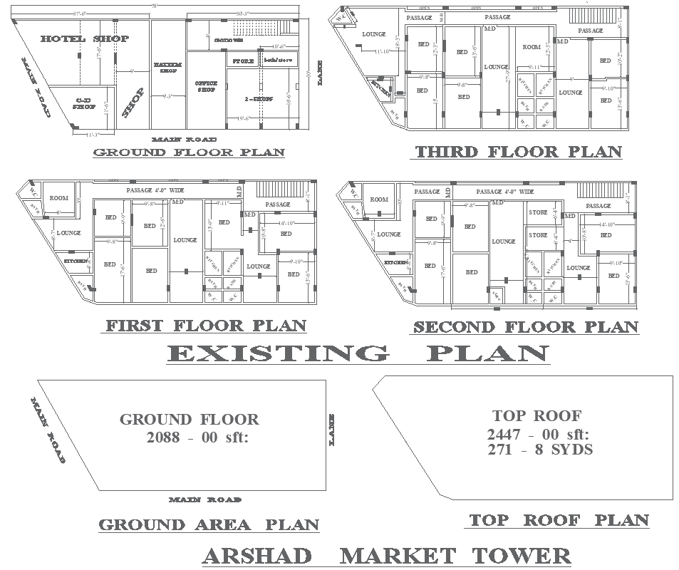 2088 sft three storey market tower dteailded plan with all measurement DWG AutoCAD drawing