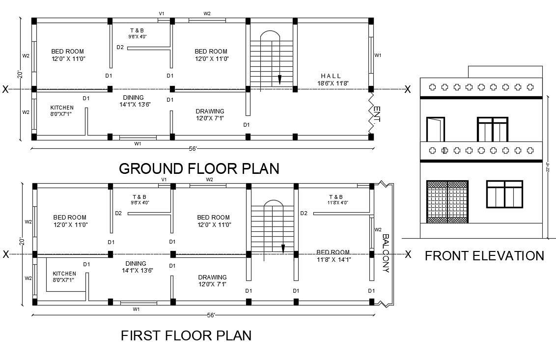 20X56 AutoCAD House Plan And Elevation Design DWG File