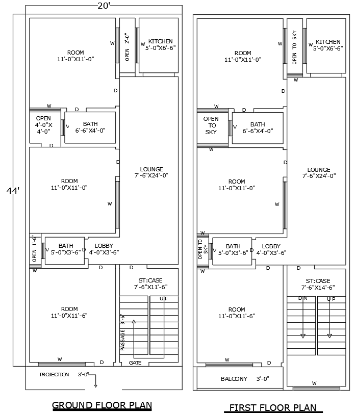 20ftx44ft House Plan with Ground and First Floor Design