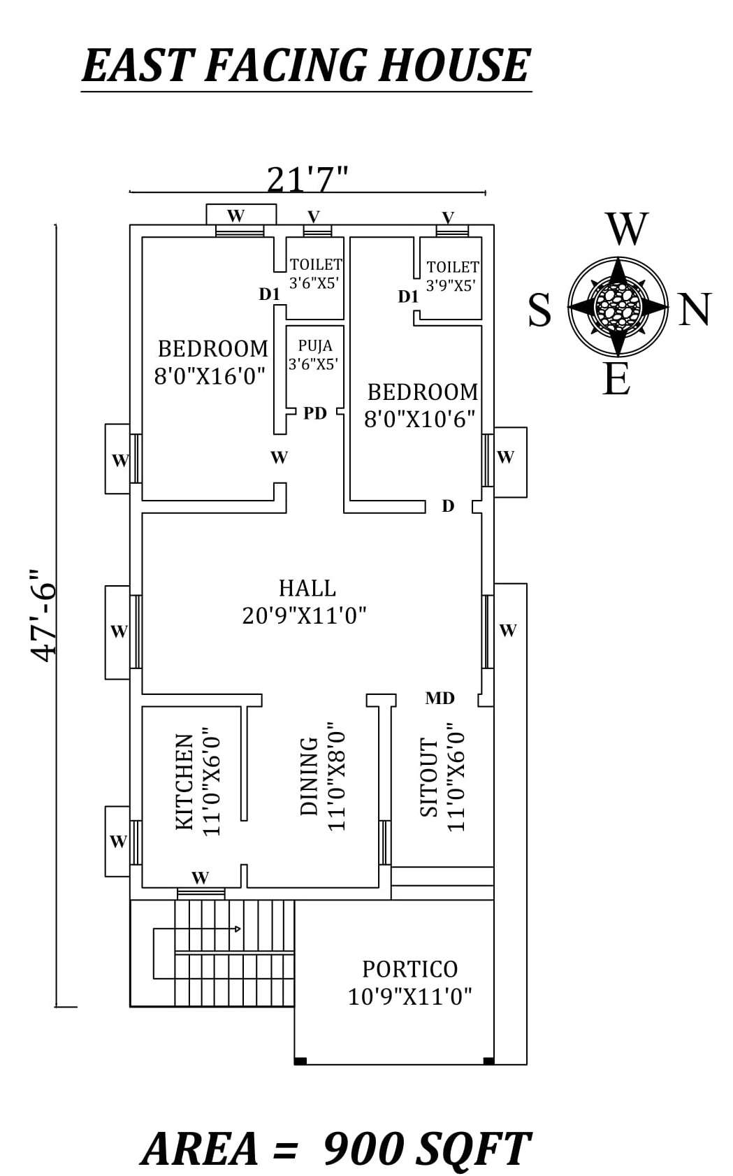 21'7" X47'6" The Perfect 2bhk East facing House Plan As Per Vastu Shastra.Autocad DWG and Pdf file details