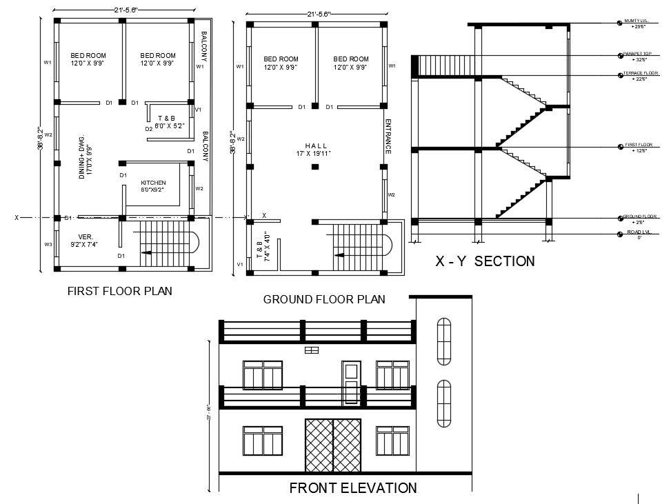 21'X38' House Plan With Sectional Elevation DWG File