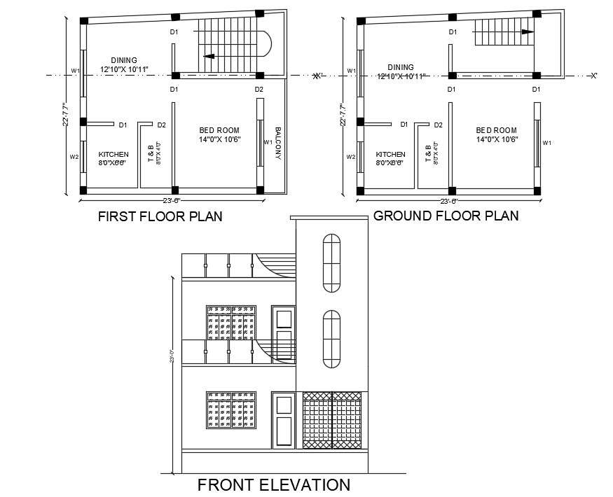 22' X 23' House Plan And Front Elevation Design DWG File