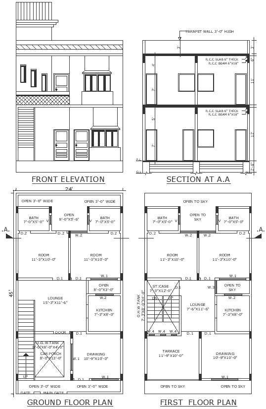 24ft X 45ft plot size two storey house design with under ground water tank detailed plan section and elevation DWG autoCAD drawing 