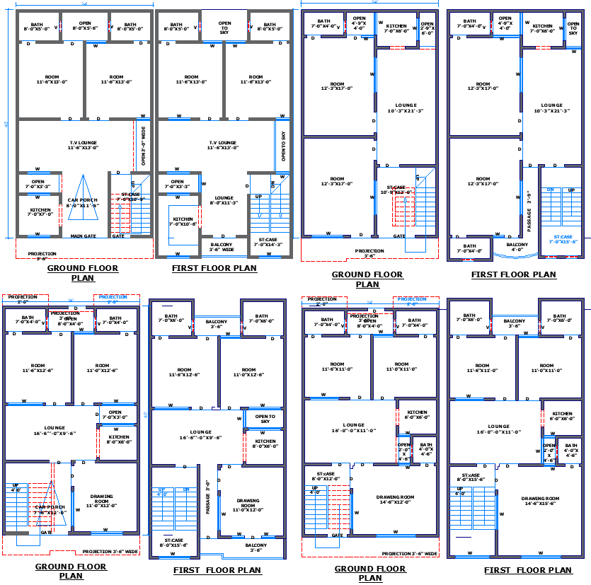 24'x40' House Floor Plans with 4 Layouts for Two Levels