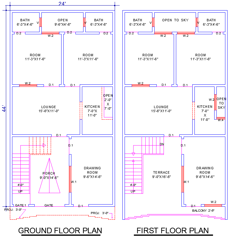 24'x44' Residential House Plan with Terrace and Parking Space