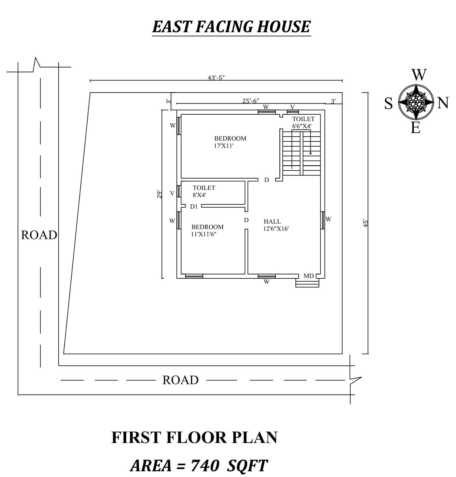25'6"X29' Single bhk East facing First floor House Plan As Per Vastu Shastra,Autocad DWG and Pdf file details.