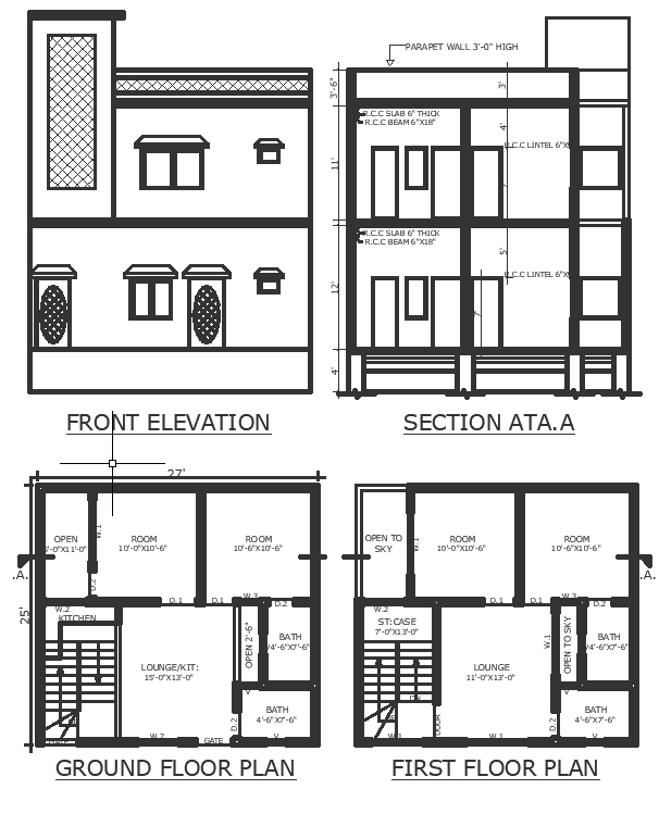 25x27 ft small house design with detailed plan section and elevation DWG autoCAD drawing