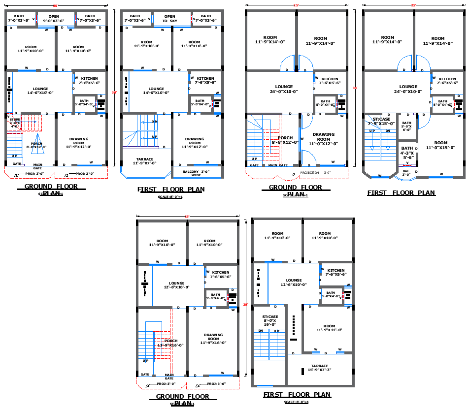 3 Compact 25'x38' House Floor Plan Designs in DWG Format