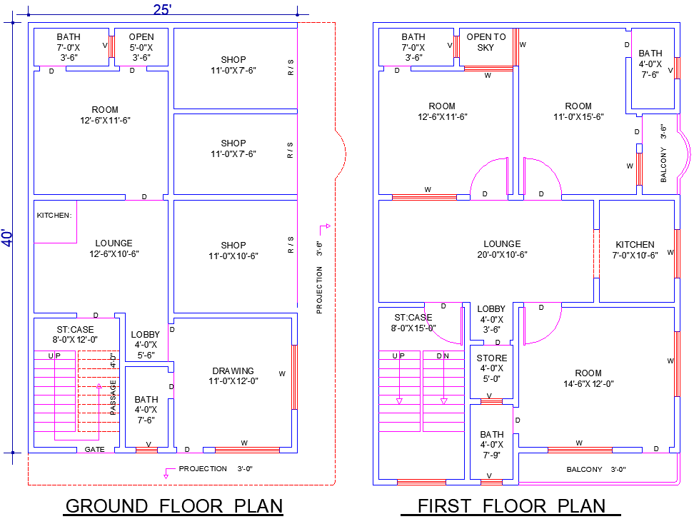 25' x 40' House Plan DWG with 4 Bedrooms - 2 Living Rooms & Shops