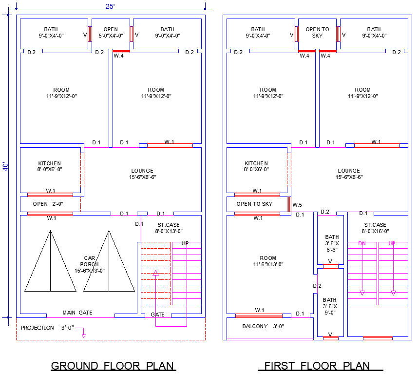 25'x40' House Plan DWG with 5 Bedrooms and 2 Drawing Rooms
