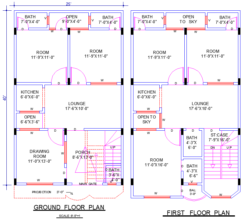 25'x40' House Plan DWG with 5 Bedrooms and 3 Living Rooms
