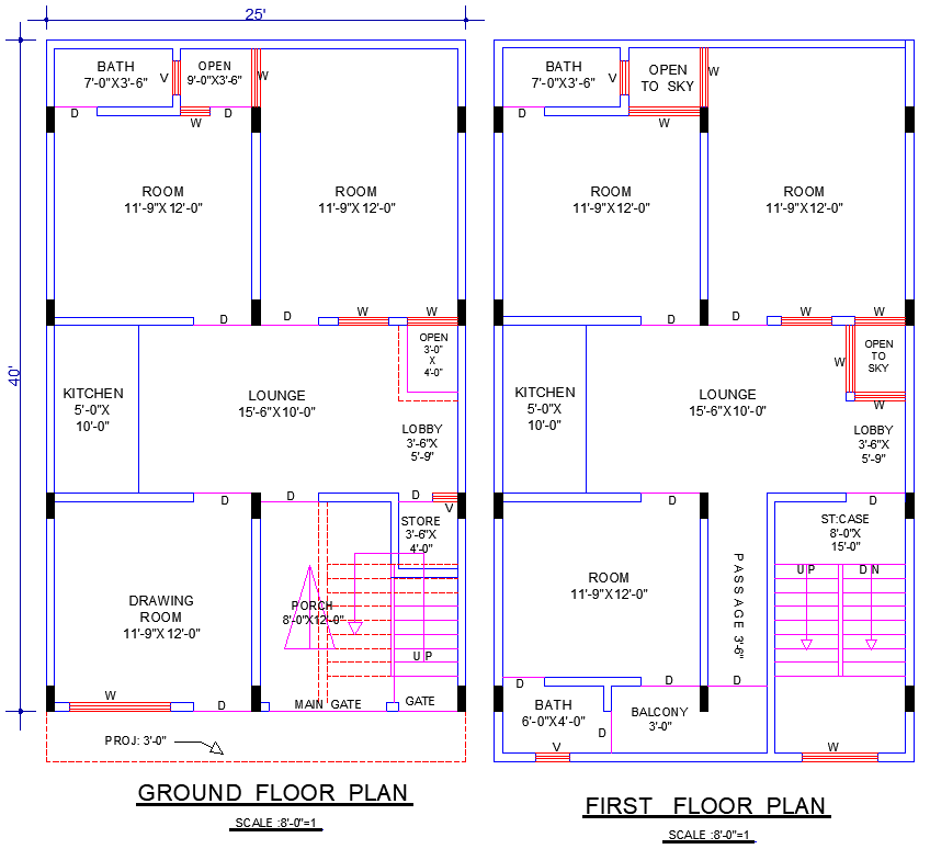 25'x40' House Plan DWG with 5 Bedrooms and 3 TV Lounges