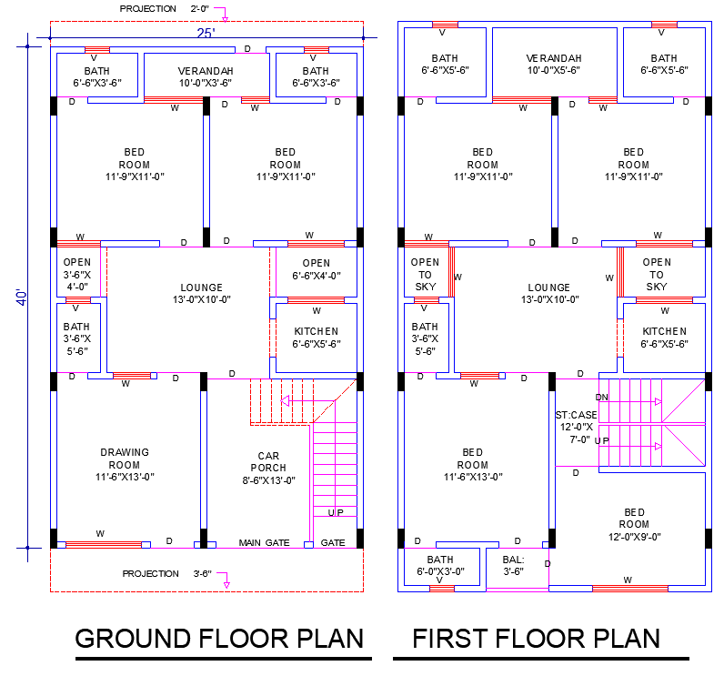 25'x40' House Plan DWG with 6 Bedrooms and 3 Living Rooms