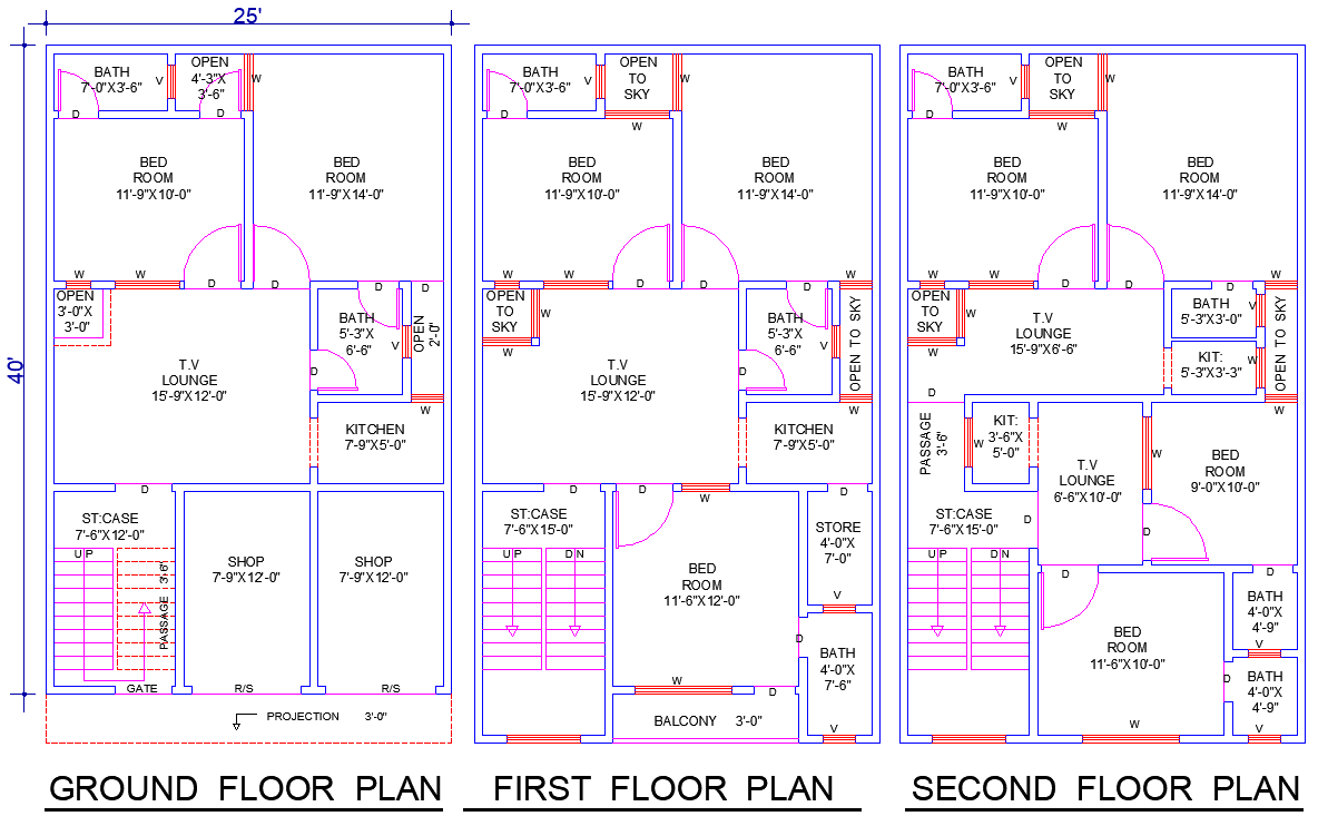 25'x40' House Plan DWG with 9 Bedrooms, Lounges & Shops