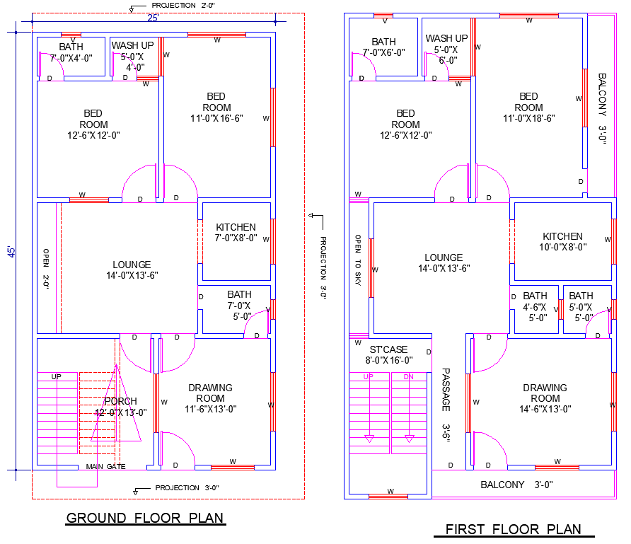 25'x45' House Plan with 4 Bedrooms and 5 Baths DWG File