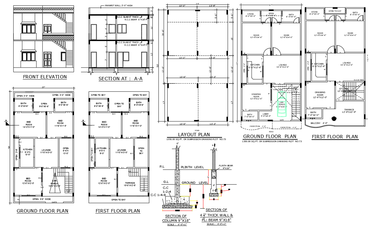 27'X50' 5BHK House Plan with Construction Details DWG Design