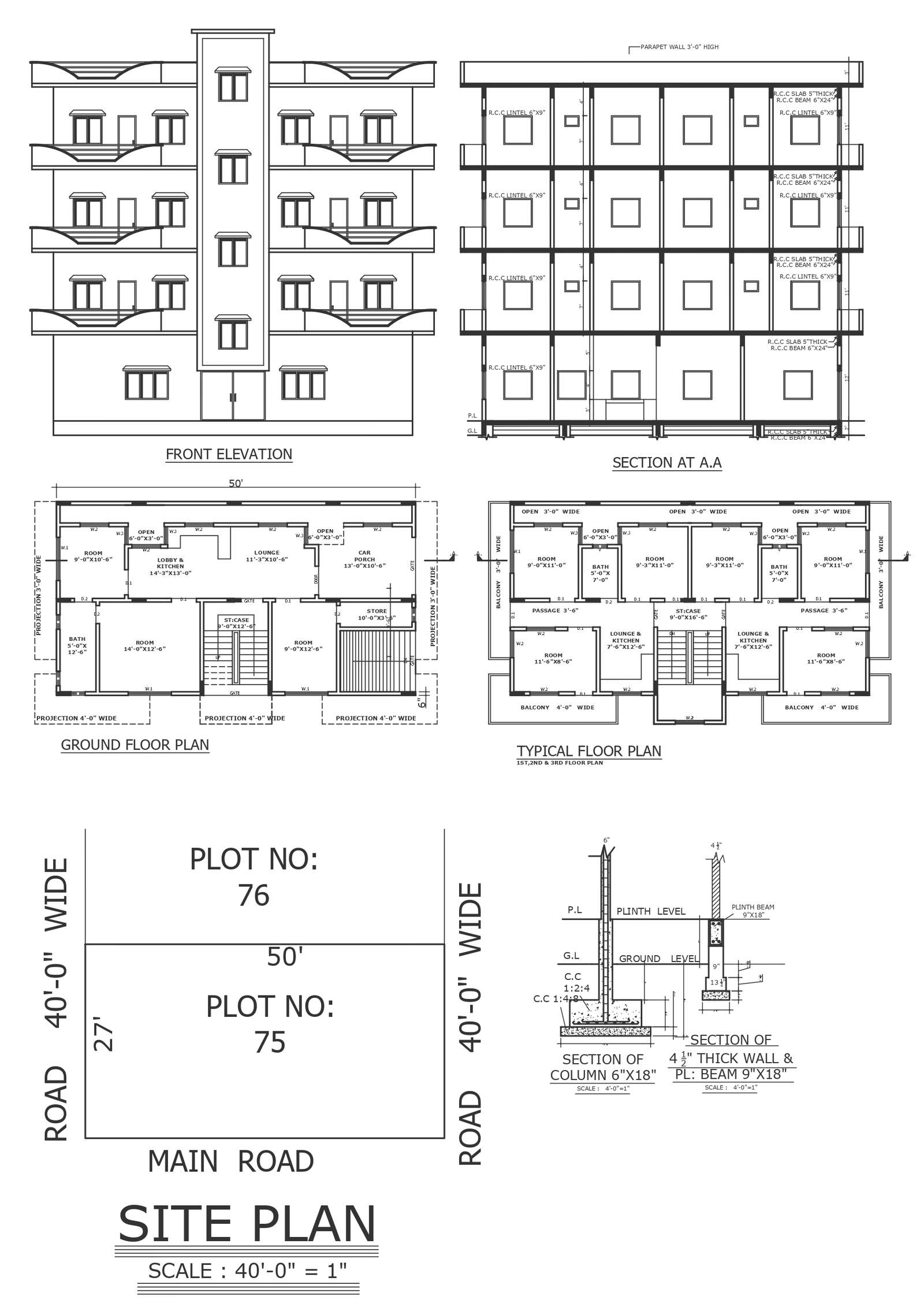 27ft X 50ft size three storey house plan section elevation detail with column section detail DWG AutoCAD drawing