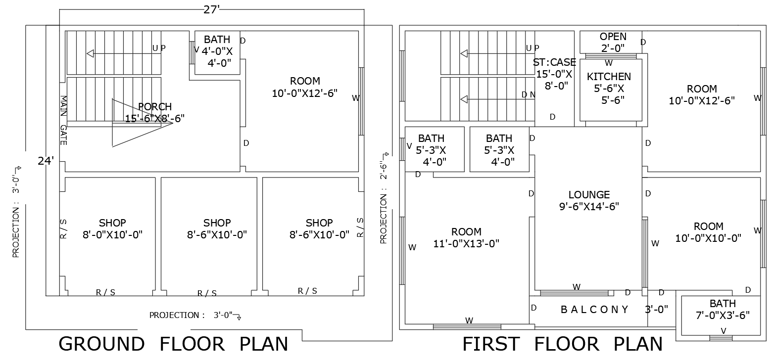 27ft x 24ft Ground Floor Shop Plan & First Floor House Plan Design – AutoCAD DWG File