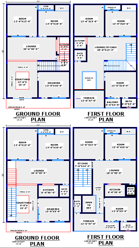 27x40 House Floor Plan with Rooms, Kitchen & Stair Detail
