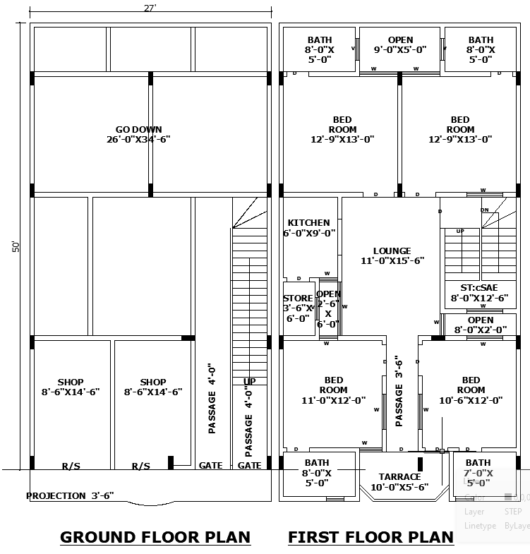 27'x50' Commercial Residential Plan AutoCAD DWG Design