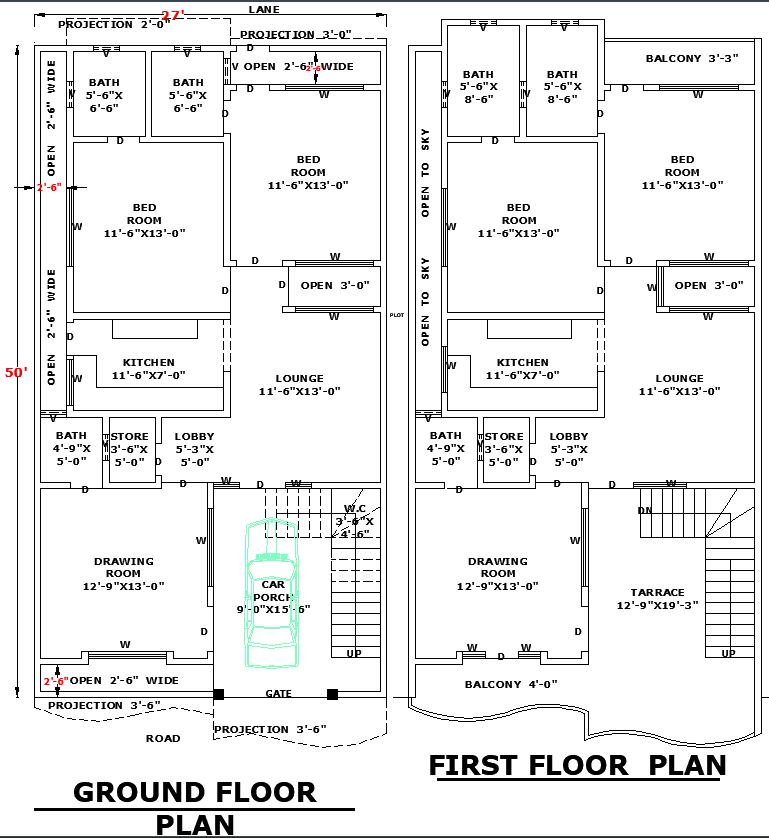 27'x50' Residential Floor Plan with AutoCAD DWG Layout