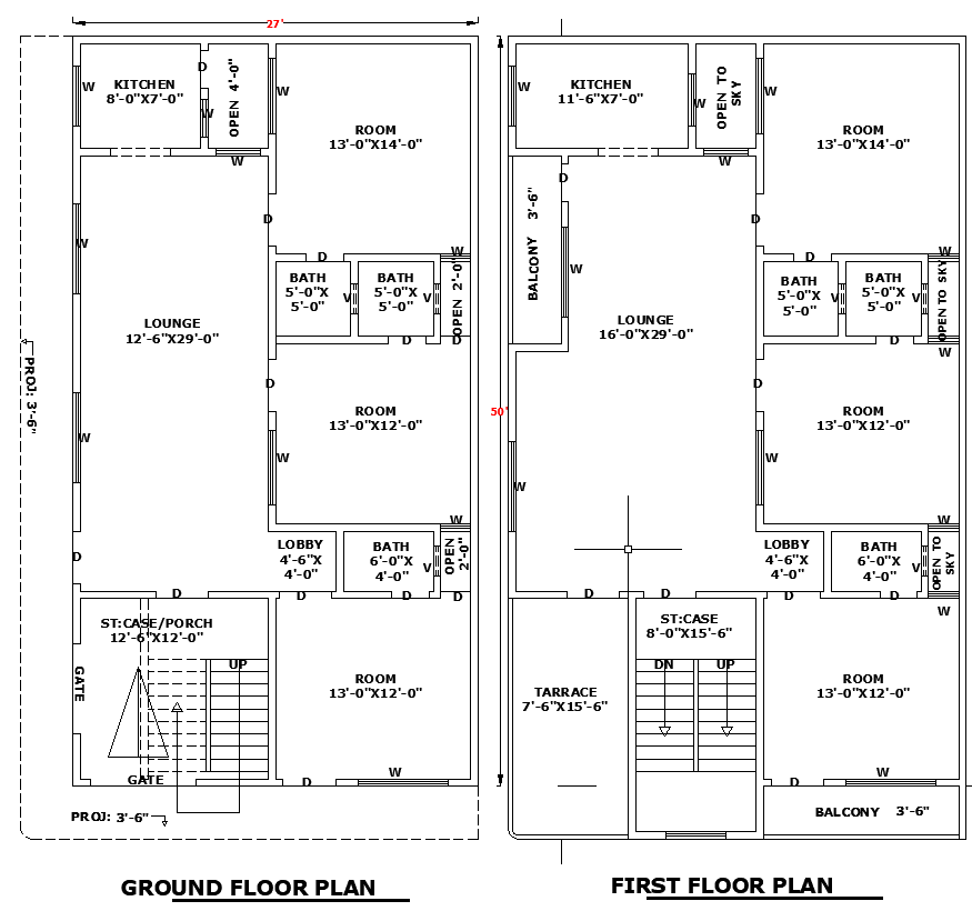 27x50 House Design Layout DWG File for Residential Planning