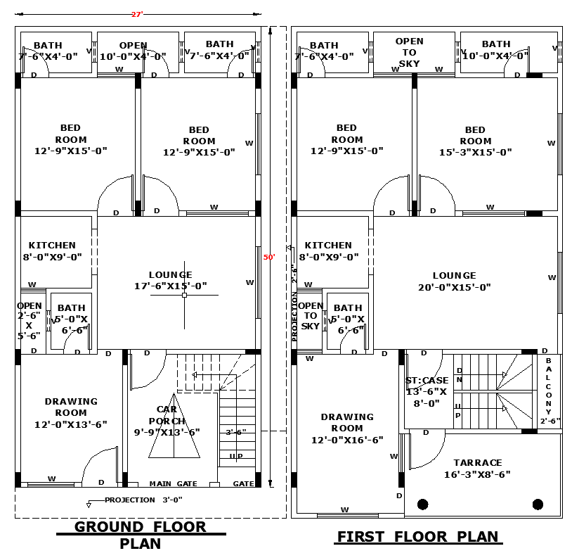 27'x50' Residential House Layout Plan in DWG Format