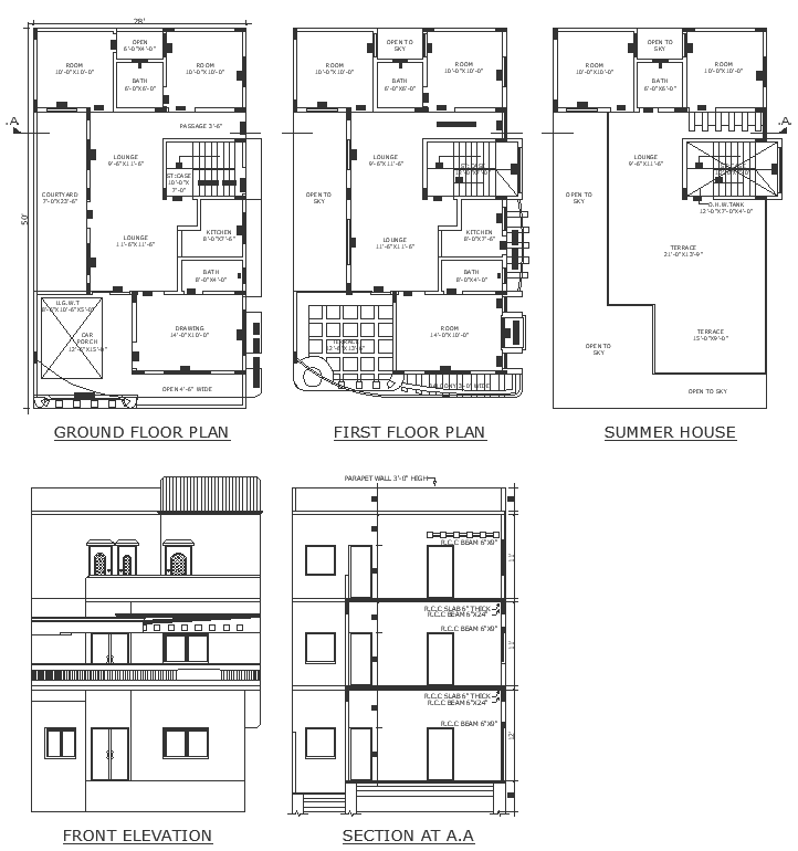 28X50 ft three storey house design detailed floor plan section and elevation DWG autoCAD drawing