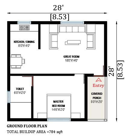 28'x28' small single floor tiled roof home design. Download the free 2D Autocad drawing file.