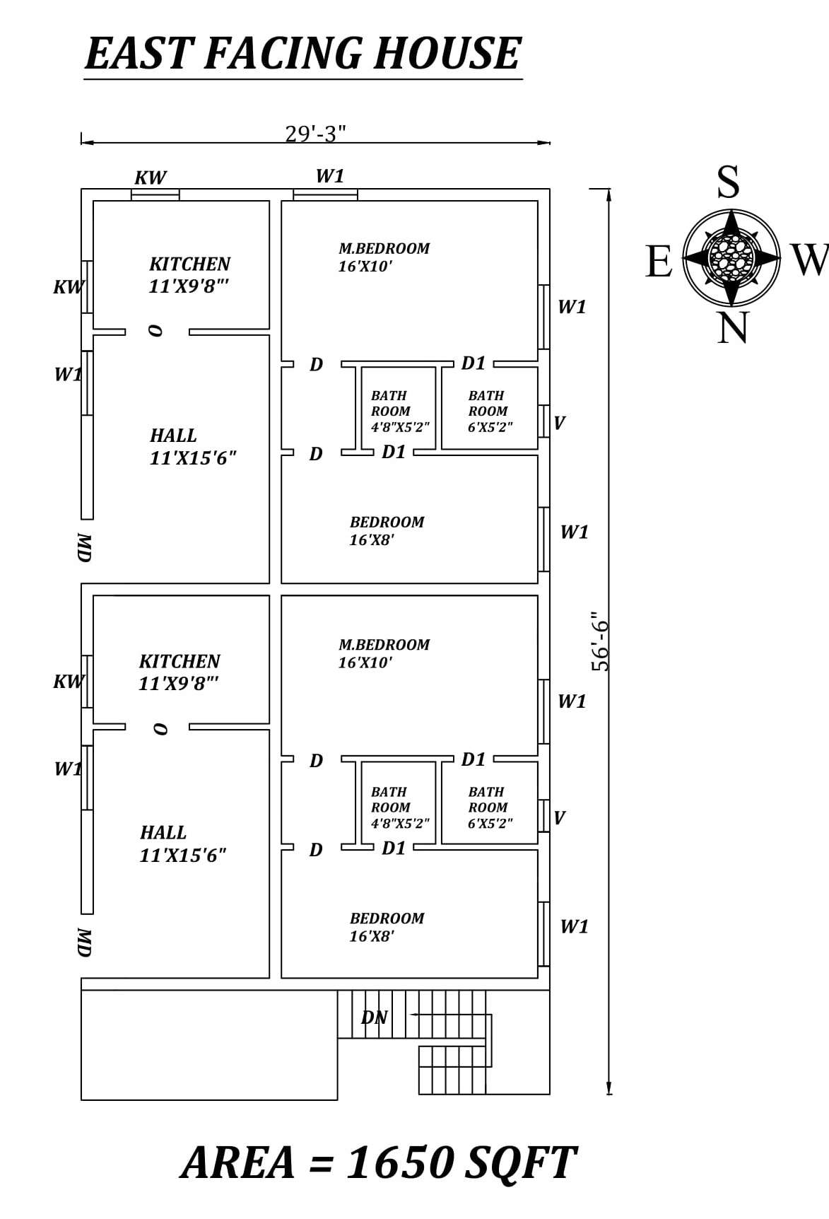 29'3" X56'6" Double 2bhk East facing House Plan As Per Vastu Shastra,Autocad DWG and Pdf file details.