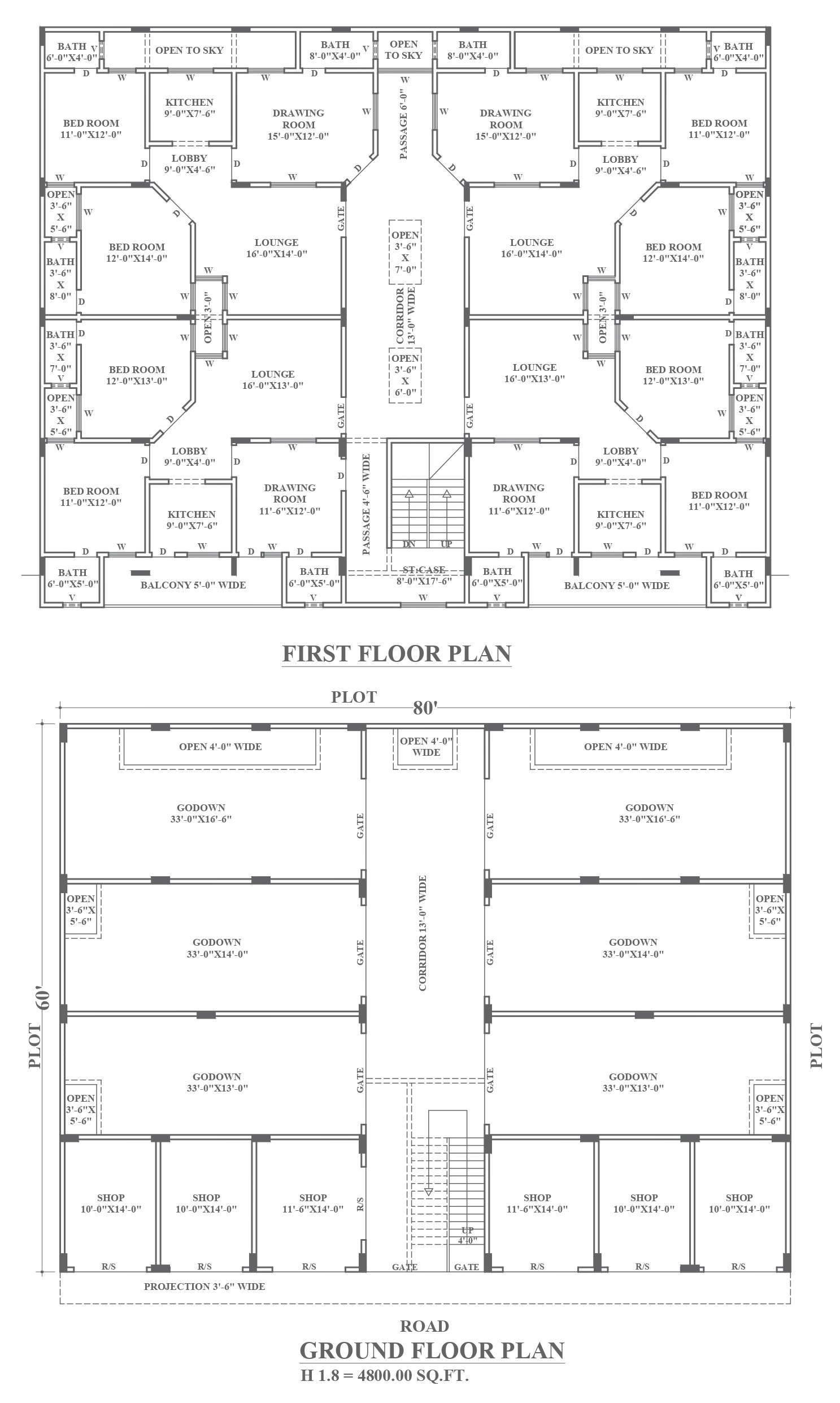 2 BHK apartment design with godown and shops on ground floor detailed plan DWG autoCAD drawing