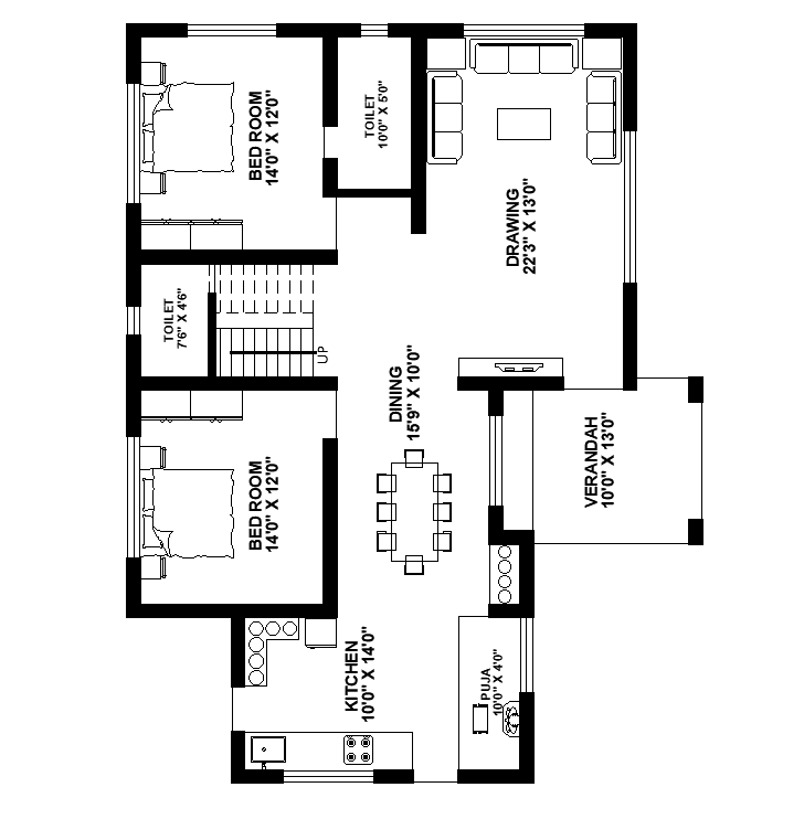 2 Bedrooms House Layout Plan AutoCAD Drawing Download DWG File